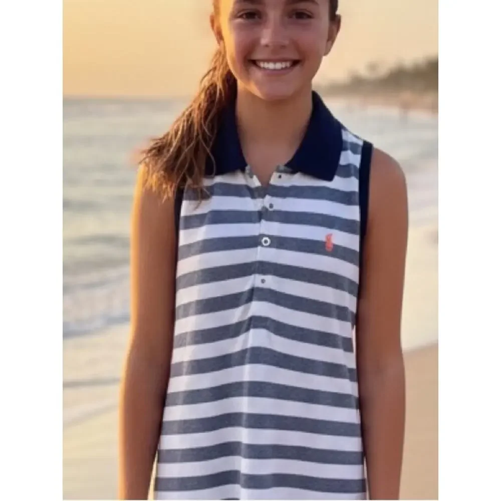 NWT Ralph Lauren Navy White Striped Sleeveless Polo Lace Pink pony Size XL 16